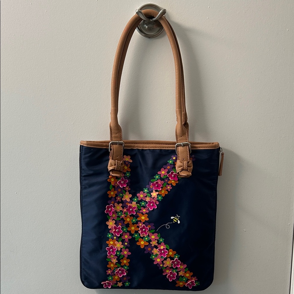 Navy Floral and Bee K Navy Tote Bag with Tan Handles